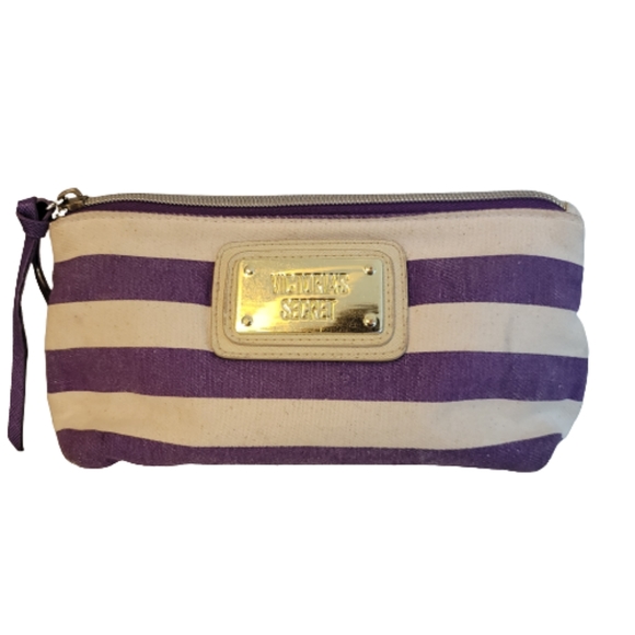 Victoria's Secret Handbags - Victoria Secret VS Gold  Nameplate Purple Striped Canvas Cosmetic Bag